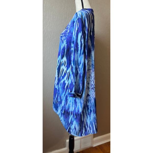 Chico's Women's Asymmetrical Overlay Tunic Top Floral Blue Sequins Size 3/XL/16 - Picture 4 of 16